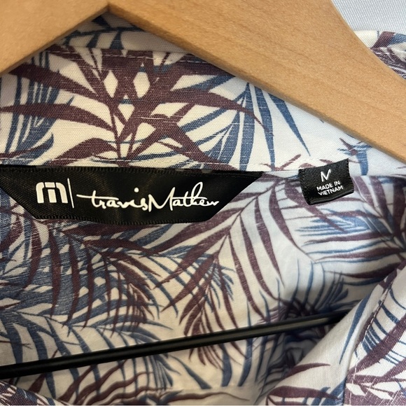TRAVIS MATHEW White Brown Blue Tropical Print Short Sleeve Button Up Shirt Med - Picture 3 of 9